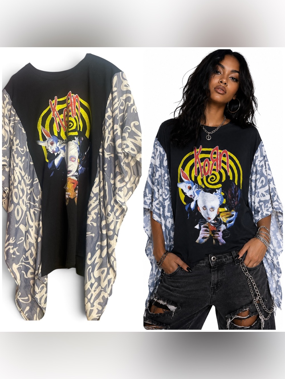 Korn graphic  Draped upcycle one of one Sleeve Women’s Top - Black with Gray